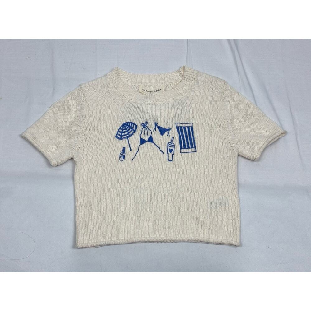 Happily Gray Beach Theme Sweater Short Sleeve Ivory Blue Size XS NWT